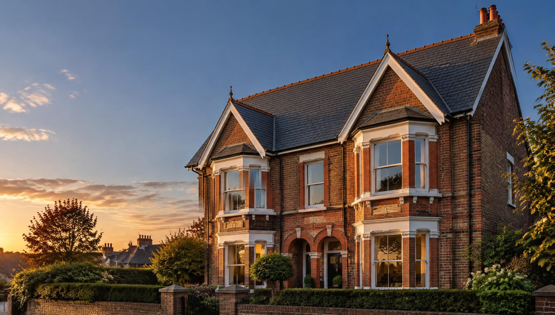 Victorian red-brick house with a Welsh slate roof at golden hour